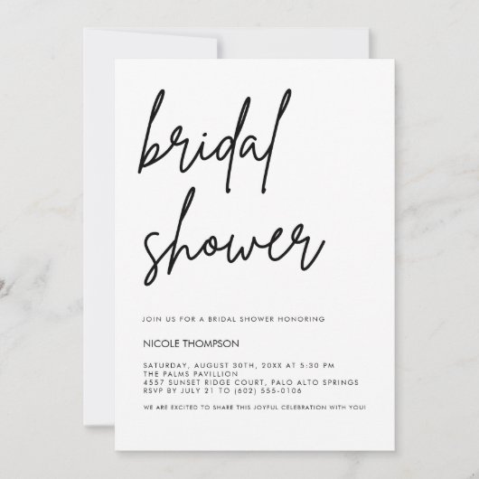 Chic Black Script Bridal Shower Invitation Minimal Kaart (Voorkant)