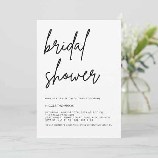 Chic Black Script Bridal Shower Invitation Minimal Kaart (Staand voorkant)