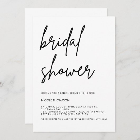 Chic Black Script Bridal Shower Invitation Minimal Kaart (Voorkant / Achterkant)