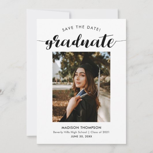 Chic Black Script Calligraphy Afstuderen Foto Save The Date (Voorkant)