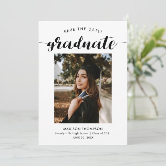Chic Black Script Calligraphy Afstuderen Foto Save The Date (Staand voorkant)