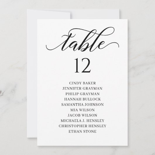Chic Black Script Table Number Seating Chart Kaart (Voorkant)