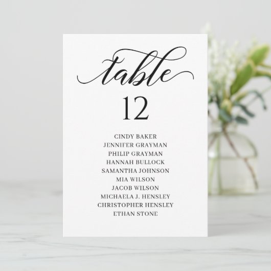 Chic Black Script Table Number Seating Chart Kaart (Staand voorkant)