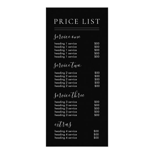 Chic Black Script Typography Services prijslijst Reclamekaart (Voorkant)