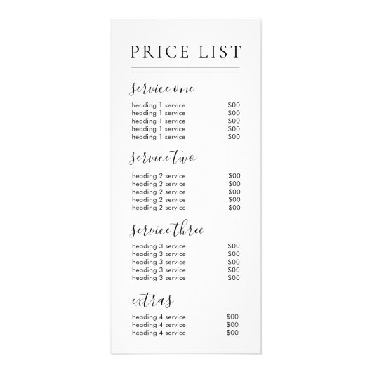 Chic Black Script Typography Services prijslijst Reclamekaart (Voorkant)