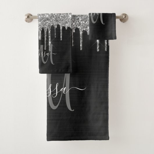 Chic Black Silver Driving Glitter Monogram Name Bad Handdoek (Insitu)