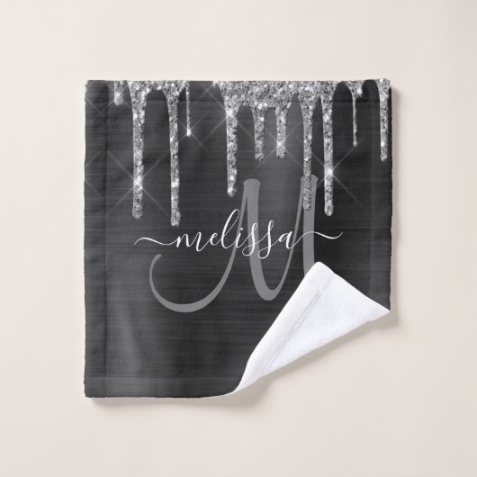 Chic Black Silver Driving Glitter Monogram Name Bad Handdoek (Wasdoekje)