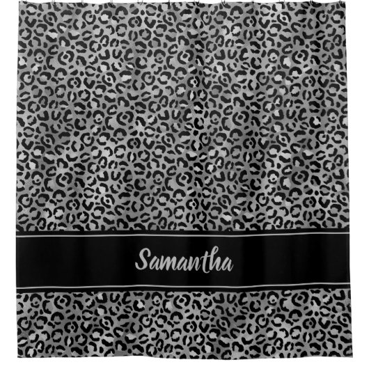 Chic Black Silver Grey Leopard Afdrukken op maat Douchegordijn (Voorkant)