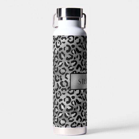 Chic Black Silver Grey Leopard Afdrukken op maat Waterfles (Voorkant)
