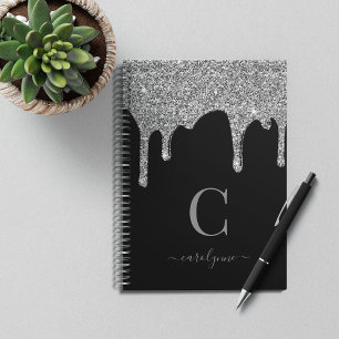 Chic Black Silver Sparkle Glitter Drift Monogram Notitieboek