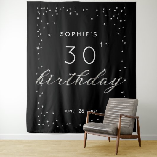 Chic Black Sparkle Glitter Birthday Party Backdrop Wandkleed (In situ)