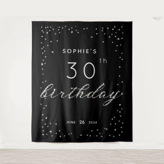 Chic Black Sparkle Glitter Birthday Party Backdrop Wandkleed (Voorkant)