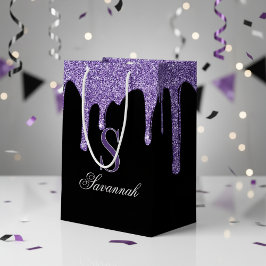 Chic Black Sparkle Paarse Glitter Drips Monogram Medium Cadeauzakje