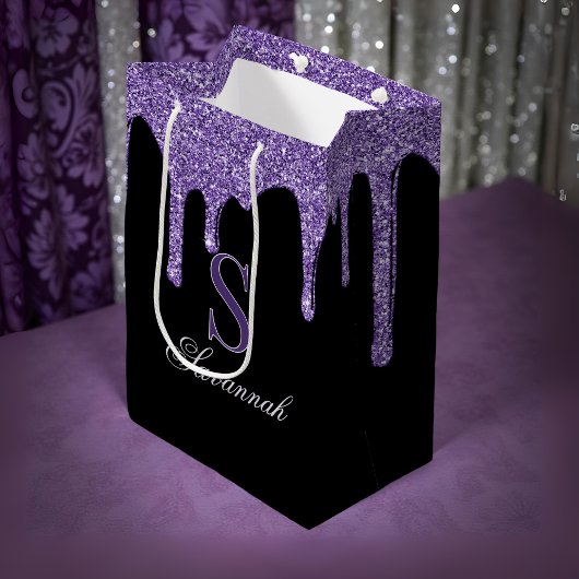 Chic Black Sparkle Paarse Glitter Drips Monogram Medium Cadeauzakje