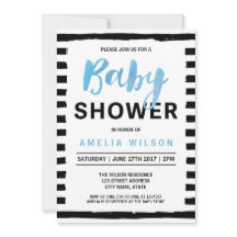 Chic Black Stripes Blauw Baby shower Uitnodiging