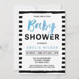 Chic Black Stripes Blauw Baby shower Uitnodiging