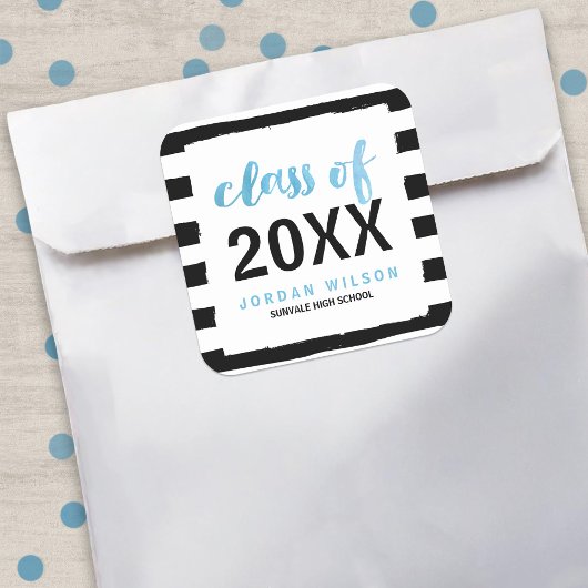 Chic Black Stripes Blauwe Klasse van 2025 Afstuder Vierkante Sticker