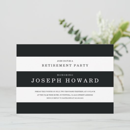 Chic Black Stripes Retirement Party Invite Kaart (Staand voorkant)