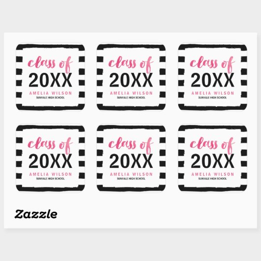 Chic Black Stripes Roze Klasse van 2025 Afstuderen Vierkante Sticker (Vel)