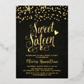 Chic Black Sweet 16 Gold Confetti Folie Folie Uitnodiging (Voorkant)
