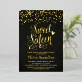 Chic Black Sweet 16 Gold Confetti Folie Folie Uitnodiging (Staand Voorkant)