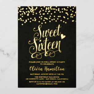 Chic Black Sweet 16 Gold Confetti Folie Uitnodiging