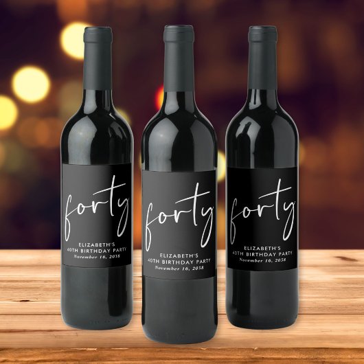 Chic Black White 40ste verjaardagsfeestje Wijn Etiket