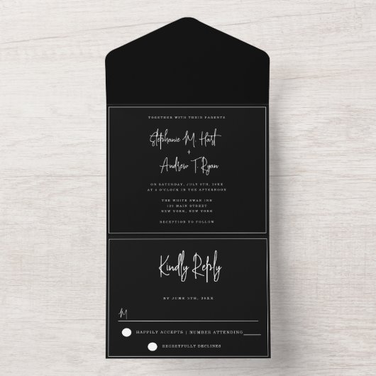 Chic Black & White All in One Wedding Invitation All In One Uitnodiging (Binnen)