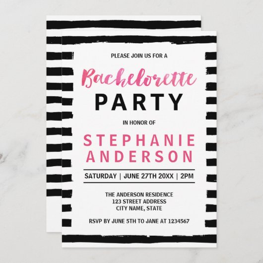 Chic Black & White Bachelorette Party Invitation Kaart (Voorkant / Achterkant)