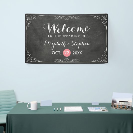 Chic Black White Chalkboard Floral Wedding Banner (Beurs)