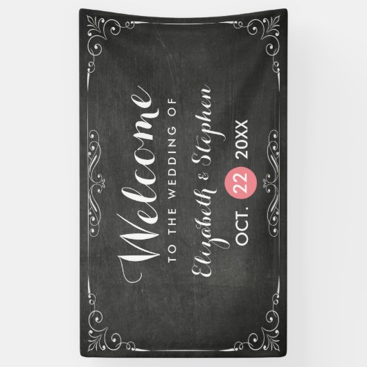 Chic Black White Chalkboard Floral Wedding Banner (Verticaal)