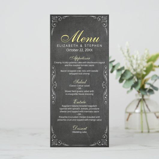 Chic Black & White Chalkboard Floral Wedding Menu (Staand voorkant)
