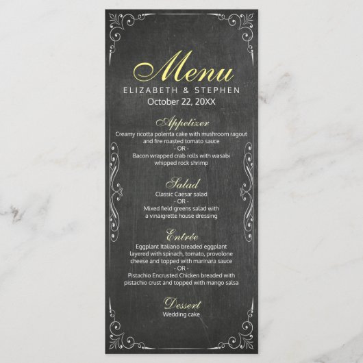 Chic Black & White Chalkboard Floral Wedding Menu (Voorkant)