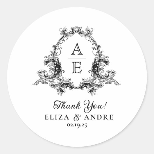 Chic Black White Custom Monogram Wedding Sticker (Voorkant)