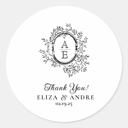 Chic Black White Custom Monogram Wedding Sticker (Voorkant)