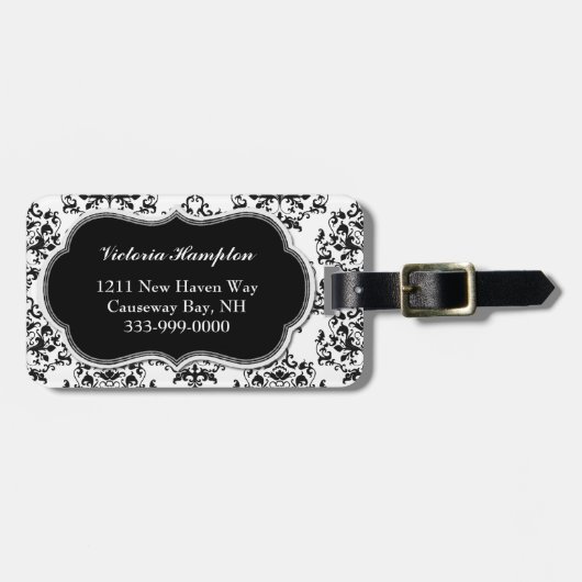 Chic Black & White Damask Bagagelabel (Voorkant horizontaal)