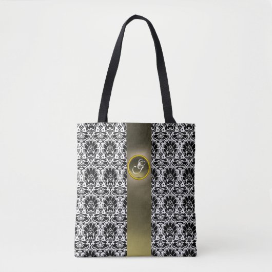 CHIC BLACK WHITE DAMASK GRAY GEM MONOGRAM TOTE BAG (Voorkant)