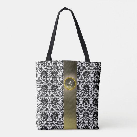 CHIC BLACK WHITE DAMASK GRAY GEM MONOGRAM TOTE BAG (Achterkant)