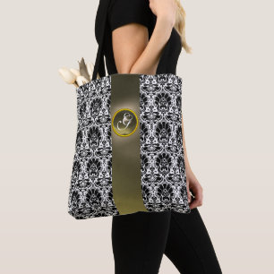 CHIC BLACK WHITE DAMASK GRAY GEM MONOGRAM TOTE BAG