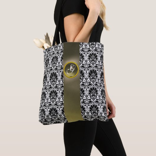 CHIC BLACK WHITE DAMASK GRAY GEM MONOGRAM TOTE BAG (Dichtbij)