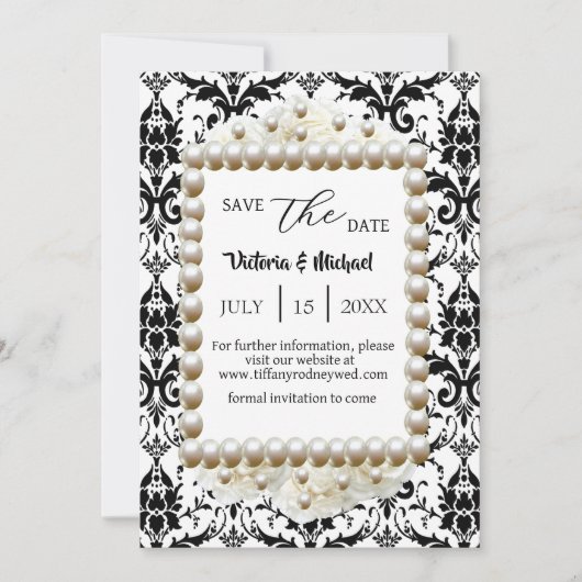 Chic Black $ White Damask Pearl Save-The-Date Kaart (Voorkant)
