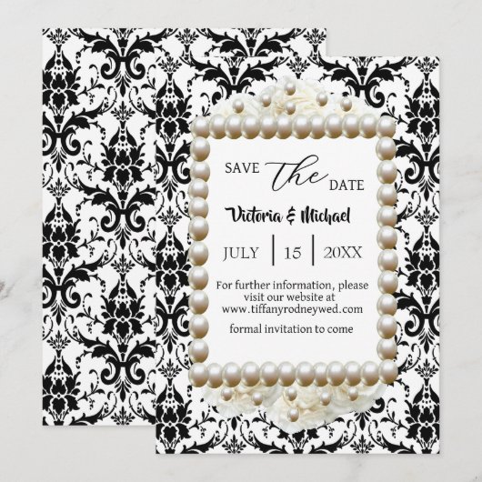 Chic Black $ White Damask Pearl Save-The-Date Kaart (Voorkant / Achterkant)