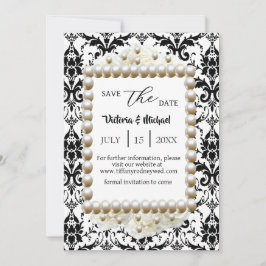 Chic Black $ White Damask Pearl Save-The-Date Kaart