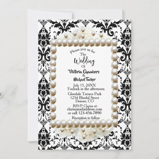 Chic Black $ White Damask Pearl Wedding Invitation Kaart (Voorkant)