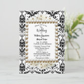 Chic Black $ White Damask Pearl Wedding Invitation Kaart (Staand voorkant)