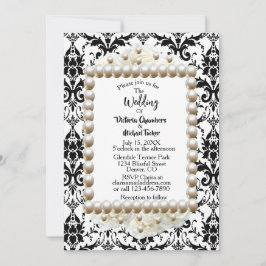 Chic Black $ White Damask Pearl Wedding Invitation Kaart