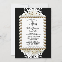 Chic Black $ White Damask Pearl Wedding Invitation Kaart