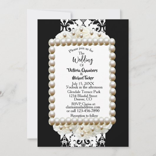 Chic Black $ White Damask Pearl Wedding Invitation Kaart (Voorkant)