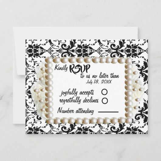 Chic Black $ White Damask Pearl Wedding RSVP Kaartje (Voorkant)