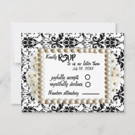 Chic Black $ White Damask Pearl Wedding RSVP Kaartje